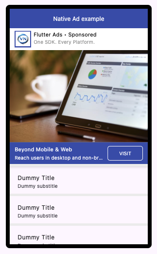 Flutter Native Ads example showing customizable UI layout